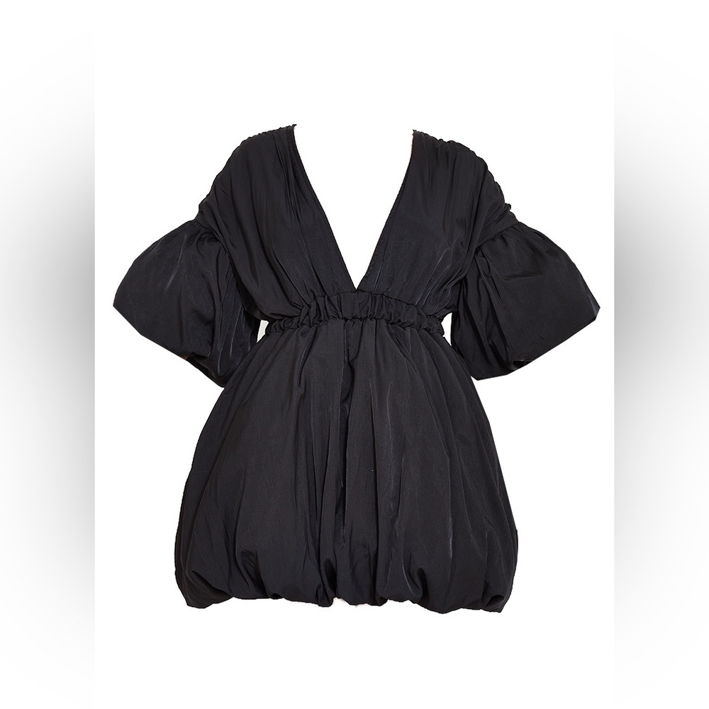 Black Puff Sleeve Puffball Hem Shift Dress - Picture 3 of 3